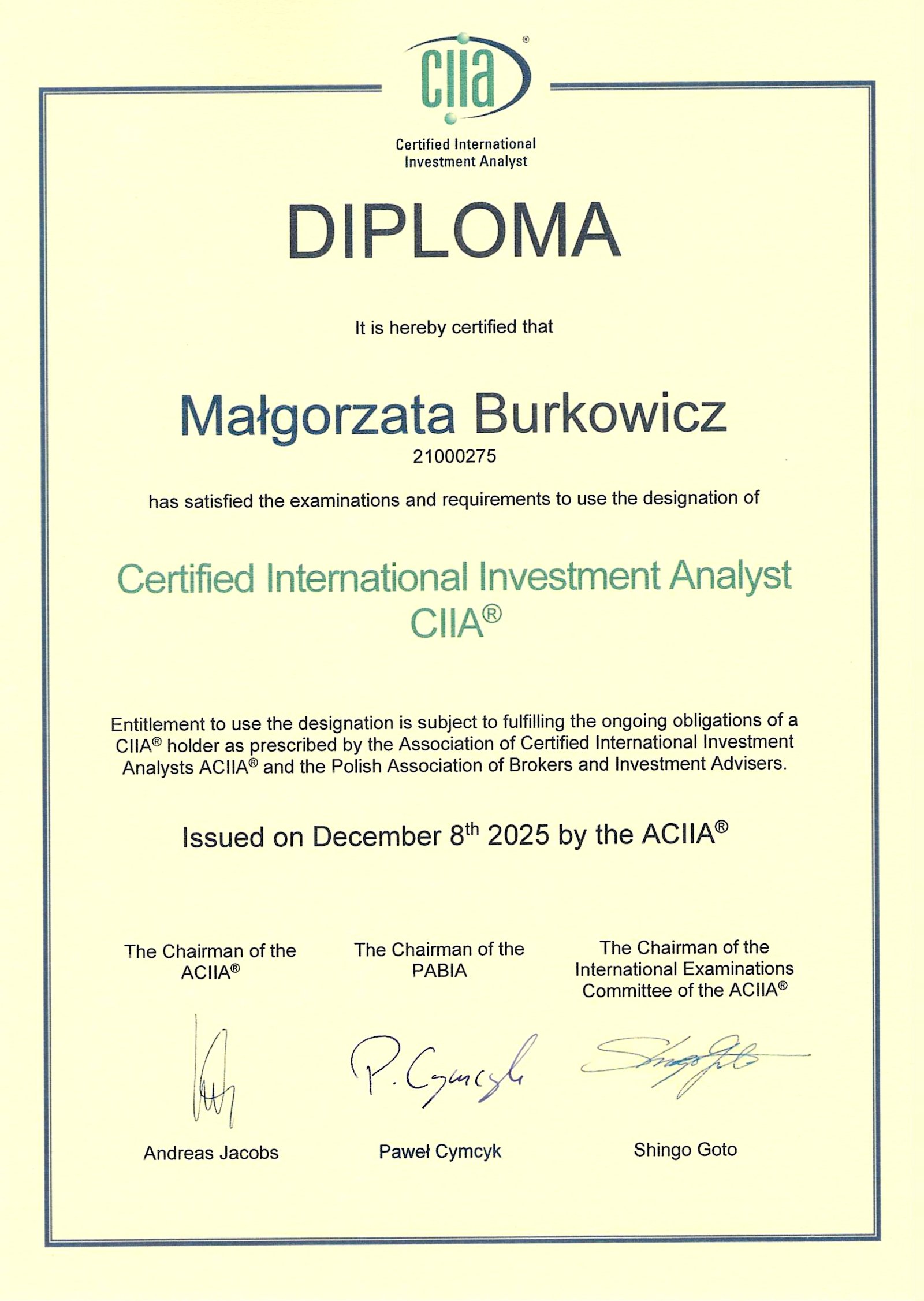 Międzynarodowy Certyfikowany Analityk Inwestycyjny CIIA Małgorzata Burkowicz